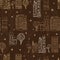 Vector Chocolate Brown Town Houses Trees Streets Drawing Seamless Pattern with Stars. Perfect for travel themed designs