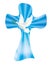 Vector christian cross with dove and olive leaves on sky background with luminous rays. Peace symbol