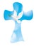 Vector christian cross with dove and olive leaves on sky background. Symbol of peace