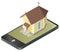 Vector Christian small church in mobile phone, in isometric perspective.