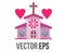 Vector Christian wedding pink church icon with cross and red heart on the building