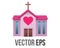 Vector Christian wedding pink church icon with cross and red heart on the building