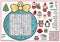 Vector Christmas ball shaped word search puzzle for kids. Winter holiday quiz for children. Educational activity with kawaii