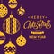 A vector christmas balls set. Merry christmas lettering with ornamented balls. Christmas decoration and souvenirs in gold and purp