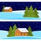 Vector Christmas banner of cute cartoon landscapes with house and fur tree.