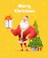 Vector Christmas card. Santa holds a gift in his hands, behind him is a Christmas tree with gifts on a yellow background