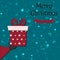 Vector christmas card with Santa's hand giving cute box gift with Merry Christmas text. Vector illustration.