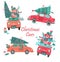 Vector Christmas cars set with tree and gifts. Cutr design set icons auto for yours new year layouts Christmas tree on