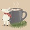 Vector Christmas cartoon illustration. A painted mug of tea, coffee or cocoa with the image of a cute deer. Sprig of