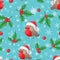 Vector Christmas cartoon seamless pattern with traditional decoration, Christmas tree branches and cute bullfinches.
