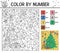 Vector Christmas color by number activity with rabbit decorating fir tree. Winter holiday coloring and counting game with cute