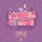 Vector Christmas greeting card with houses placed around the half of planet, set of cute vector houses, winter theme. Christmas p