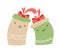 Vector christmas illustration couple of happy love smilling gift boxes. Pair of cute patterned elements for winter