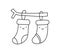 Vector Christmas illustration couple of warm knitted happy smilling line socks. Pair of cute patterned elements for