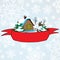 Vector Christmas landscape with lonely rural hut and red baner for text on background