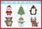 Vector Christmas mix and match puzzle with cute kawaii characters. Matching New Year party activity for preschool kids.