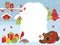 Vector Christmas and New Year Card Template with a Bear, Owls, Cardinal, Birdhouses and Gift Boxes on Snow Background.