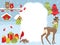 Vector Christmas and New Year Card Template with a Deer, Owls, Cardinal, Birdhouses and Gift Boxes on Snow Background.