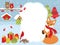 Vector Christmas and New Year Card Template with a Fox, Owls, Cardinal, Birdhouses and Gift Boxes on Snow Background.