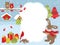 Vector Christmas and New Year Card Template with a Rabbit, Owls, Cardinal, Birdhouses and Gift Boxes on Snow Background.