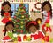 Vector Christmas and New Year Set with Cute Little African American Girls and Winter Elements