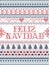 Vector Christmas pattern Feliz Navidad inspired by festive, winter Nordic culture in cross stitch with hearts, christmas present