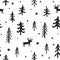 Vector Christmas seamless pattern with cute cartoon deer, trees, and snowflakes. White, black, and grey palette