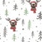 Vector Christmas seamless pattern with cute cartoon deer, trees, and snowflakes. White, black, and grey palette