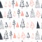 Vector Christmas seamless pattern with hand drawn xmas fir trees different shapes and snowflakes sketch elements isolated on white