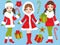 Vector Christmas Set with Beautiful Girls and Xmas Gifts