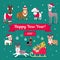 Vector Christmas Set. Dogs in winter clothes. Christmas illustration. Congratulations on the sign.