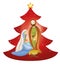 Vector Christmas tree nativity scene with Joseph and baby Jesus in Mary`s arms on red background