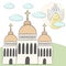 Vector church, temple, chapel with domes and crosses. Religion is Christianity Baptism. . Landscape, grass, angel in the clouds in