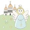 Vector church, temple, chapel with domes and crosses. Religion is Christianity Baptism. . Landscape, grass, angel. Illustration ha