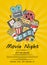 Vector cinema doodle icons poster for movie night or festival on sunrays bacgkround illustration