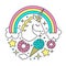 Vector circle composition with unicorn, rainbow, clouds, stars, ice cream, donuts. Cartoon style character