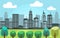 Vector city park with tall town building scenery illustration