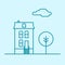 Vector city thin line office building with tree and cloud. Town business real estate apartment concept icon