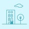 Vector city thin line office building with tree and cloud. Town business real estate apartment concept icon