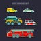 Vector city transport set in flat style.Town municipal different special,emergency service cars,trucks icons collection.