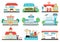 Vector city transportation places set. Bus stop, metro, railway, gas station clipart. Cute flat hospital, school, airport, seaport