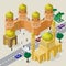 Vector cityscape in arabian style. Set of isometric buildings, mosque, minarets, fortress wall with towers, roadway, benches,