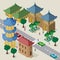 Vector cityscape in east asia style. Set of isometric asian buildings, pagoda, fortress, roadway, benches, trees, cars and people