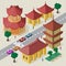 Vector cityscape in east asia style. Set of isometric asian buildings, pagoda, roadway, benches, trees, cars and people