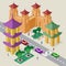 Vector cityscape in east asia style. Set of isometric buildings, pagoda, fortress wall with towers, roadway, benches, trees, cars