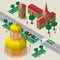 Vector cityscape in European architectural style. Set of isometric buildings, church, roadway, benches, trees, cars and people