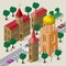 Vector cityscape in European architectural style. Set of isometric buildings, city hall, church, roadway, benches, trees, cars and