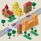 Vector cityscape in European style. Set of isometric buildings, church, fortress gate with towers, roadway, benches, trees, cars