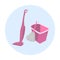 Vector cleaning icon. Vacuum cleaner, bucket and broom. Illustration of cleaning items in pink on a blue circle background