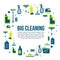 Vector cleaning items banner in flat style with spray bottle, bucket, mop and household supplies. Sanitary and